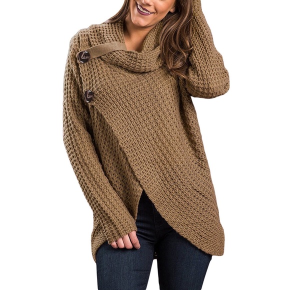 Cowl Neck Wrap Front Cardigan Sweater Mocha - Picture 2 of 4